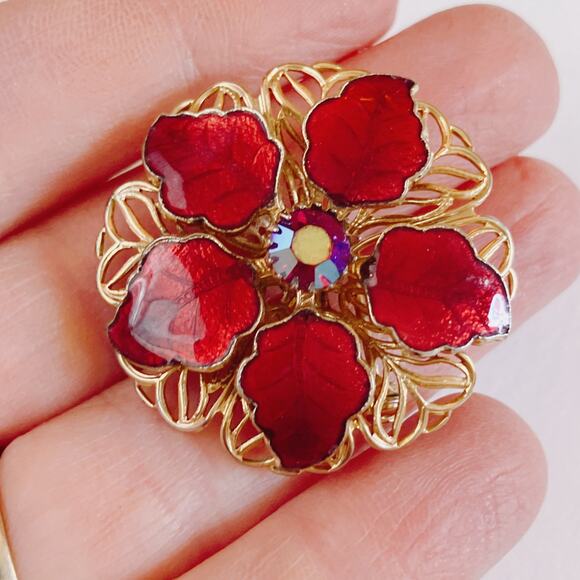Vintage Mid Century Red Enamel Flower Brooch Aurora Borealis Gold Tone Pin 1960s - Picture 2 of 9